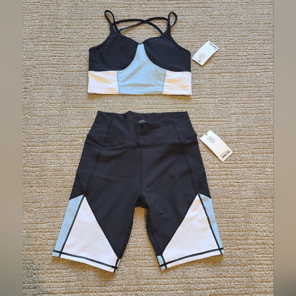 NWT Sage Collective Black White & Blue Activewear Set Sz L